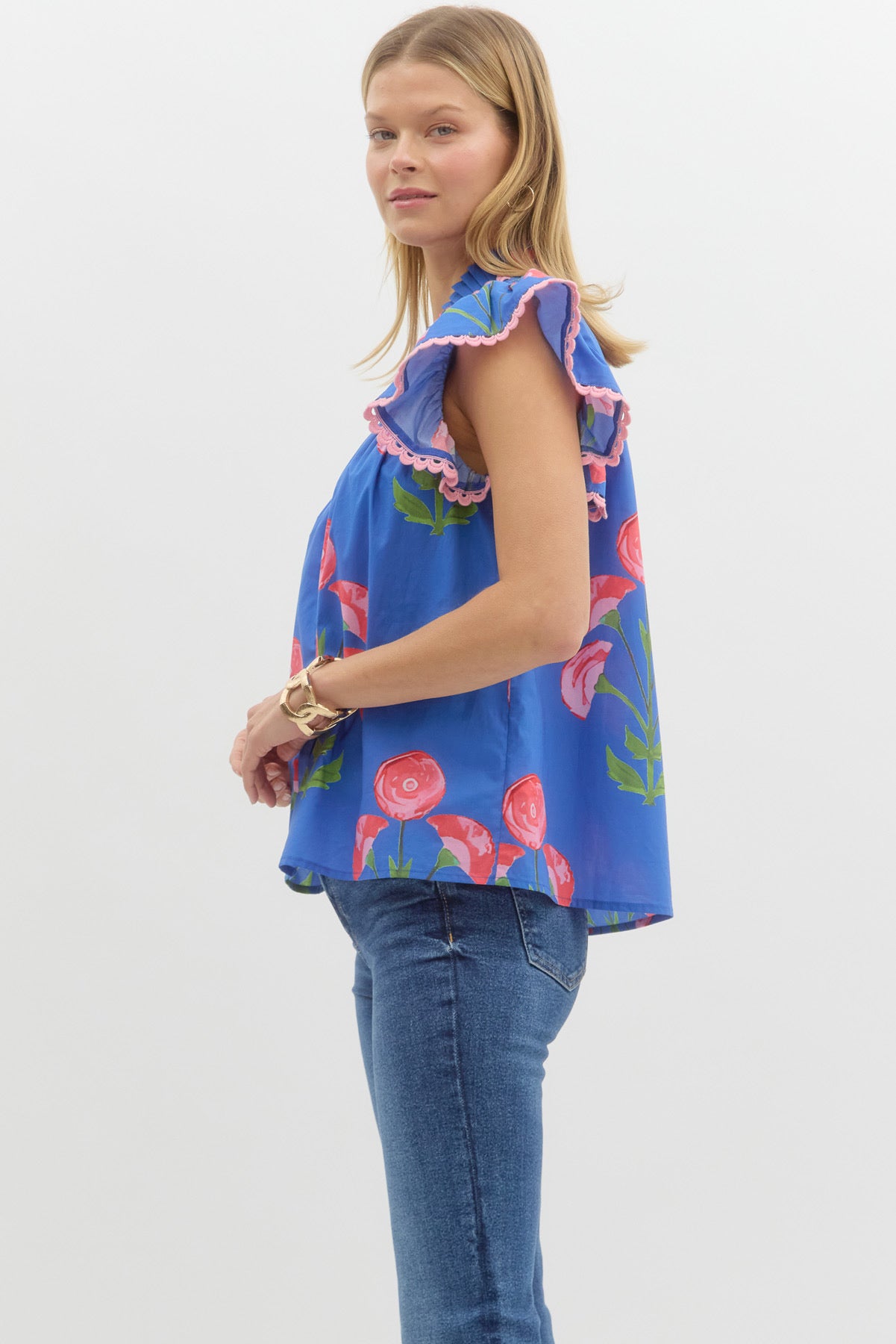 Melody Blue Floral Ruffle-Sleeve Blouse