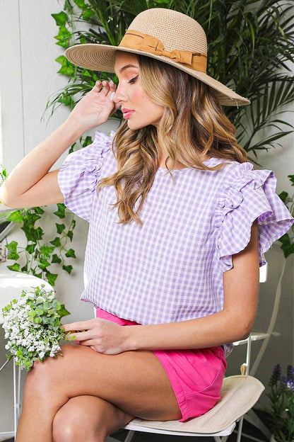 Lovely in Lavender Ruffle Sleeve Gingham Top