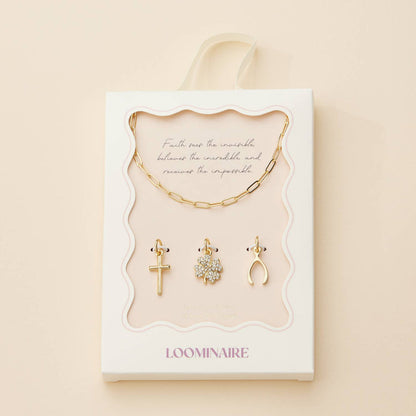 Gold necklace with cross, clover, and wishbone pendants jewelry set in gift box