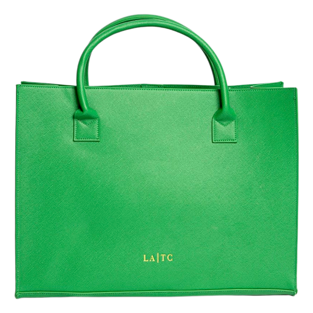 Green faux leather tote bag with two handles and gold LA TC logo on front