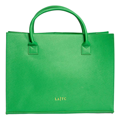 Green faux leather tote bag with two handles and gold LA TC logo on front