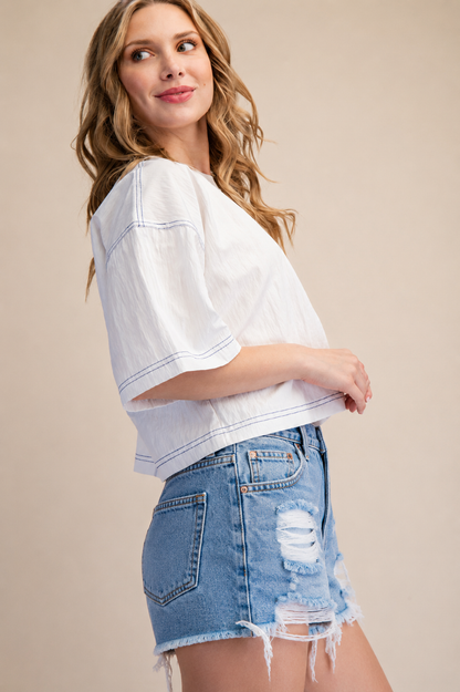 Elevated Basic Stitch Detail Crop Top - White - Milo & Lily Boutique