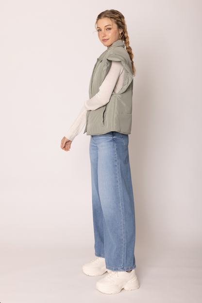 The Ruffle Edge Puffer Vest 
-Sage