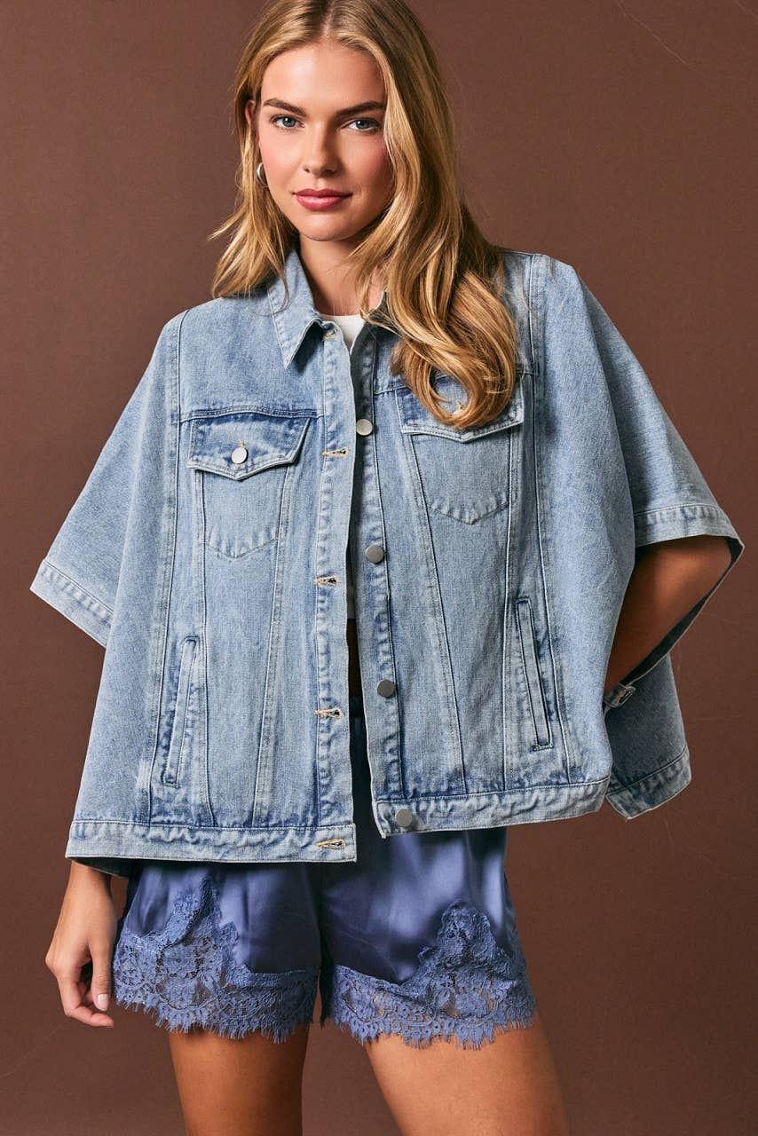 DENIM CAPE JACKET: DENIM / L - Milo & Lily Boutique