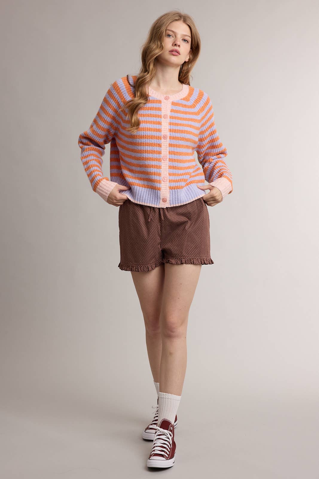STRIPED COLORBLOCK KNIT SWEATER CARDIGAN / WL26-13265: PERIWINKLE/ORANGE / S - Milo & Lily Boutique