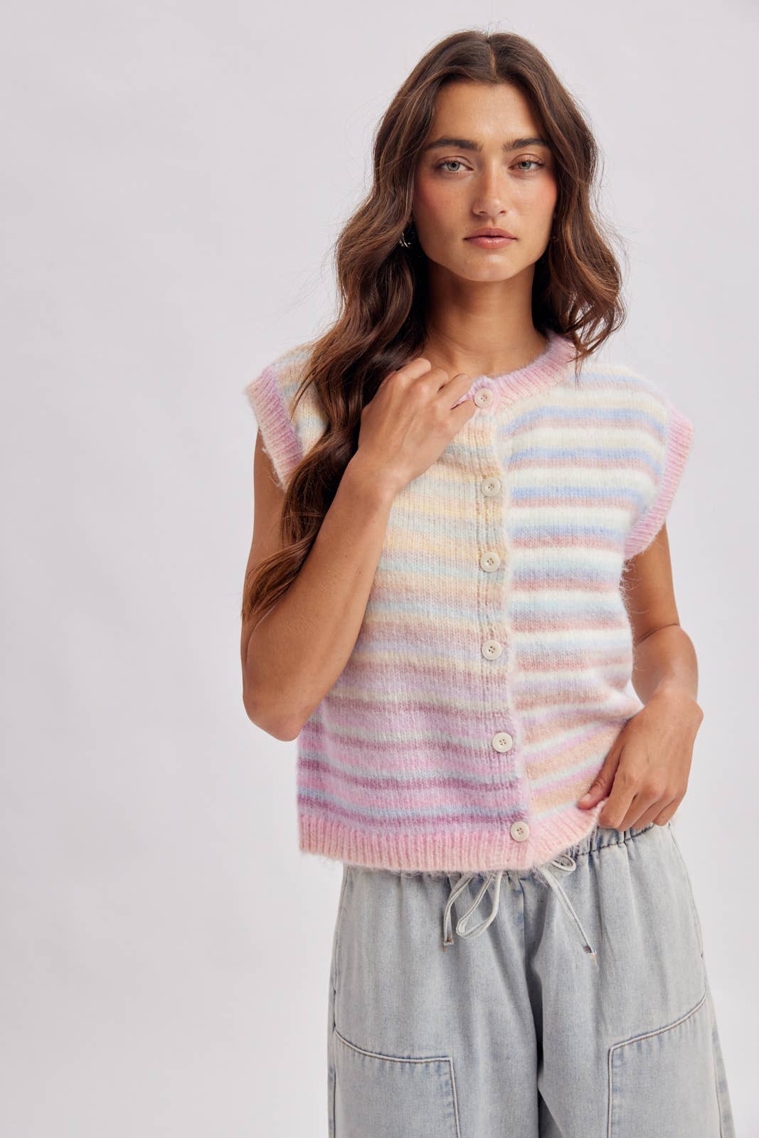 RAINBOW STRIPE SWEATER VEST / WL26-13224: BUBBLEGUM/MINT / M - Milo & Lily Boutique