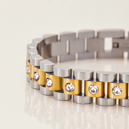 Gold and silver link bracelet with clear crystals, modern women's jewelry accessory