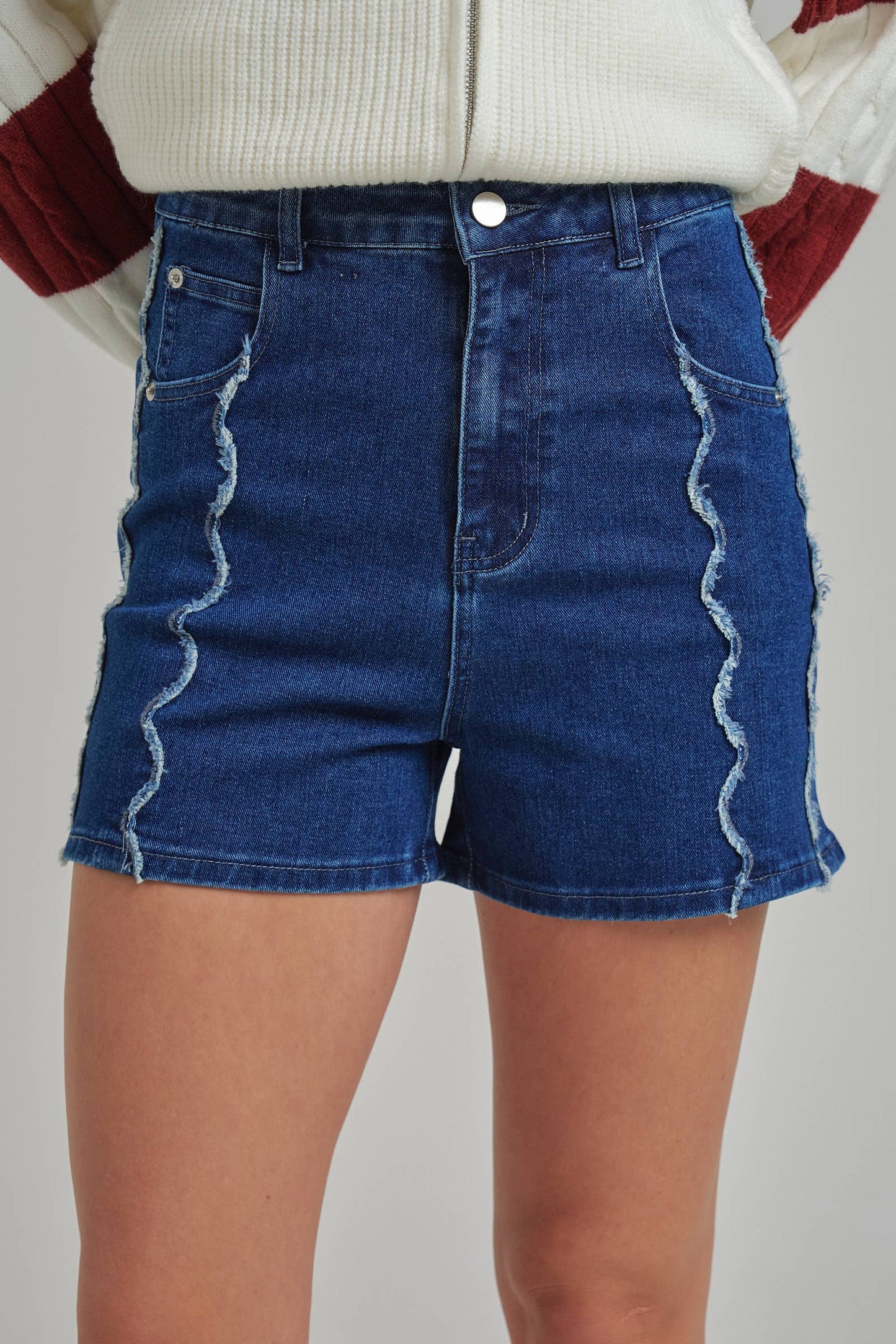 High Ride Dark Wash Denim Shorts with Scallop Front