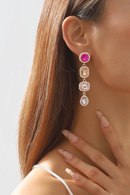 4 Tiers Long Tassel Crystal Drop Earrings - Pink
