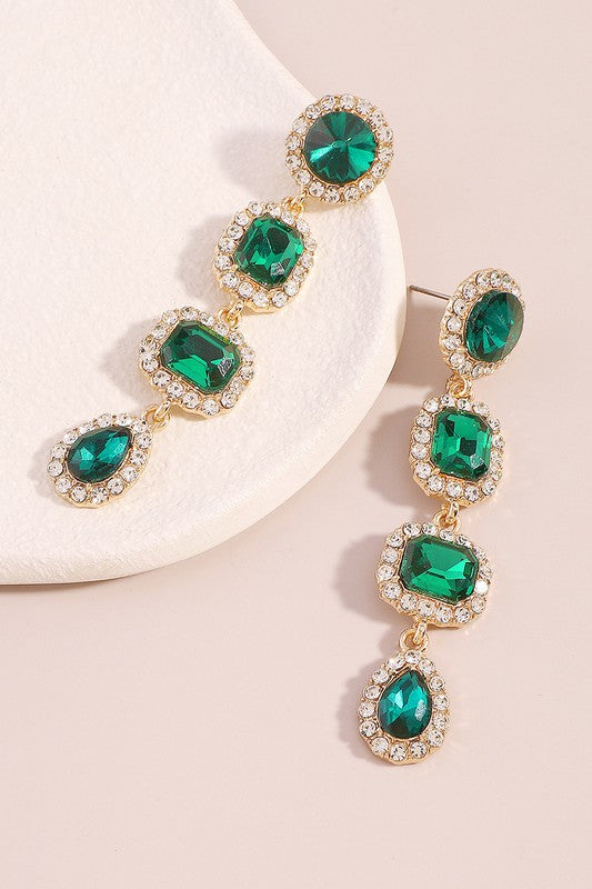 4 Tiers Long Tassel Crystal Drop Earrings - Emerald