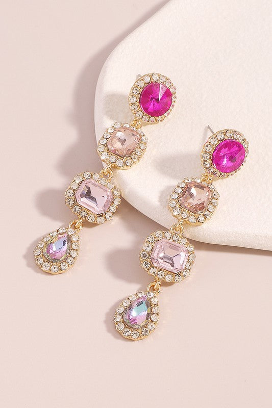 4 Tiers Long Tassel Crystal Drop Earrings - Pink