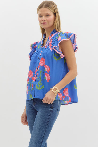 Melody Blue Floral Ruffle-Sleeve Blouse