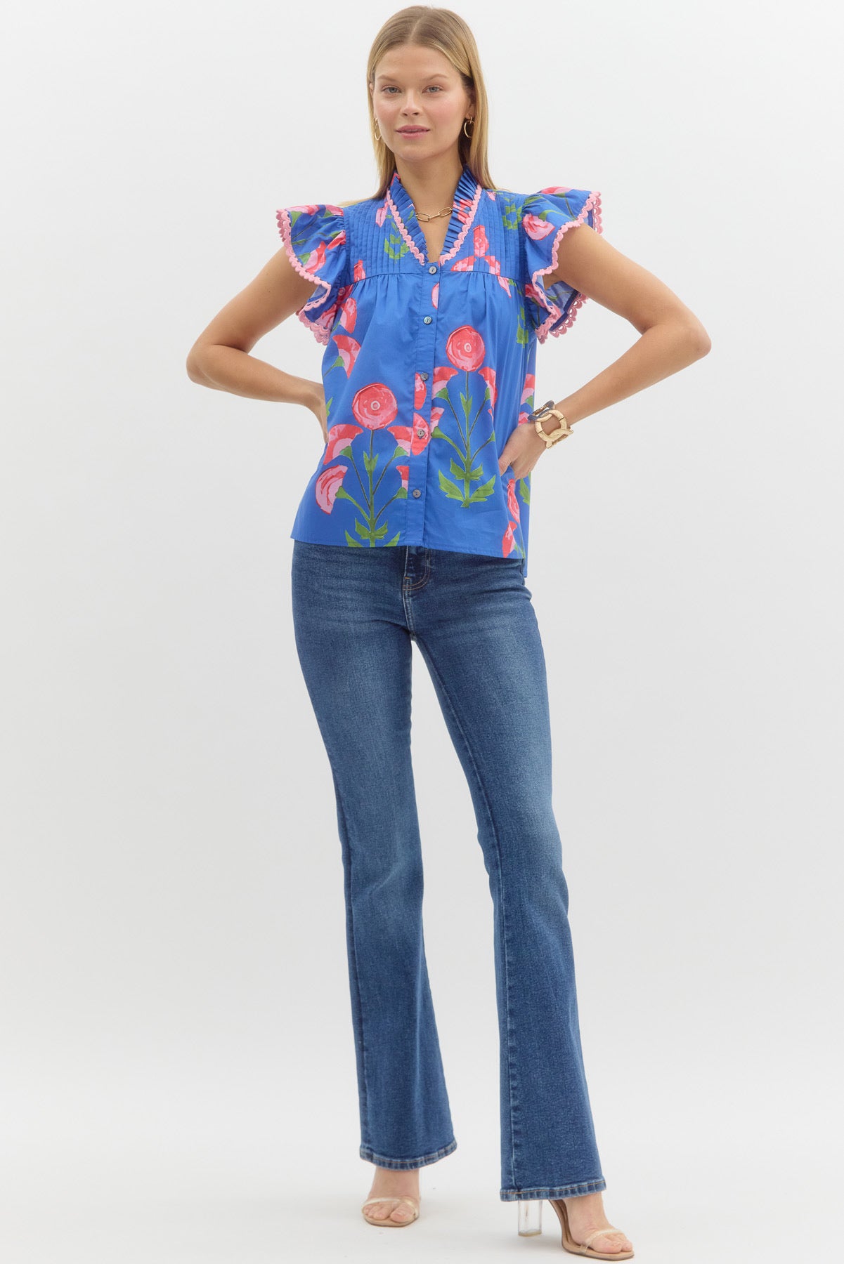 Melody Blue Floral Ruffle-Sleeve Blouse
