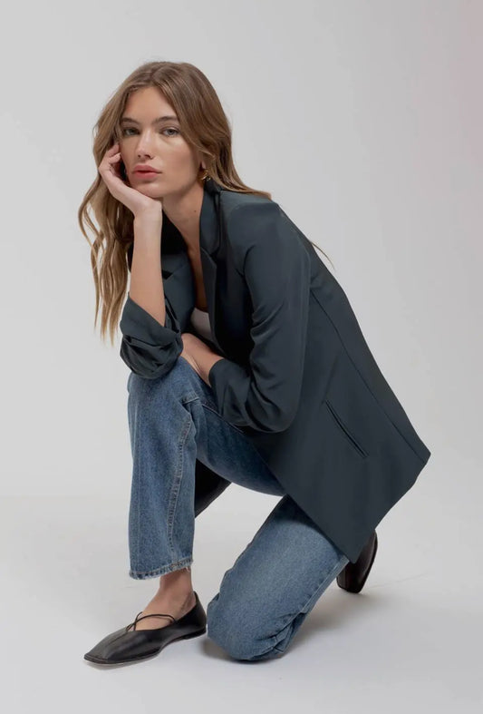 Hunter Green Ruched Sleeve Open Blazer