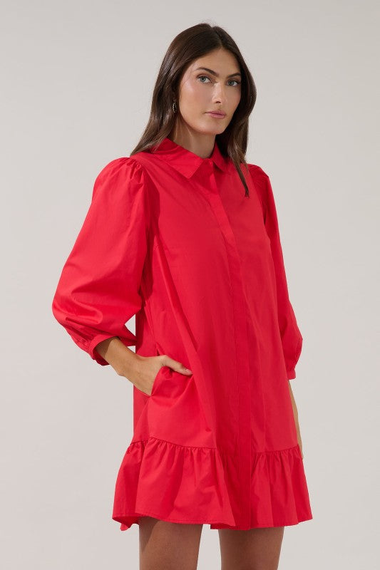 Ruby Red Button Down Long Sleeve Shift Dress