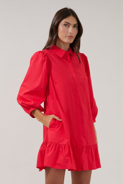 Ruby Red Button Down Long Sleeve Shift Dress