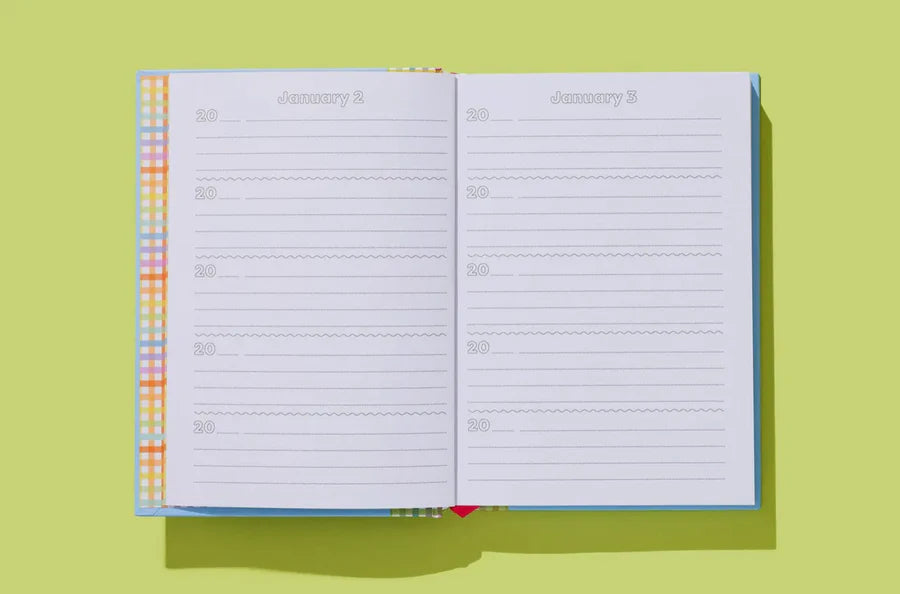 Open planner with lined pages for January 2 and 3 on a pastel green background