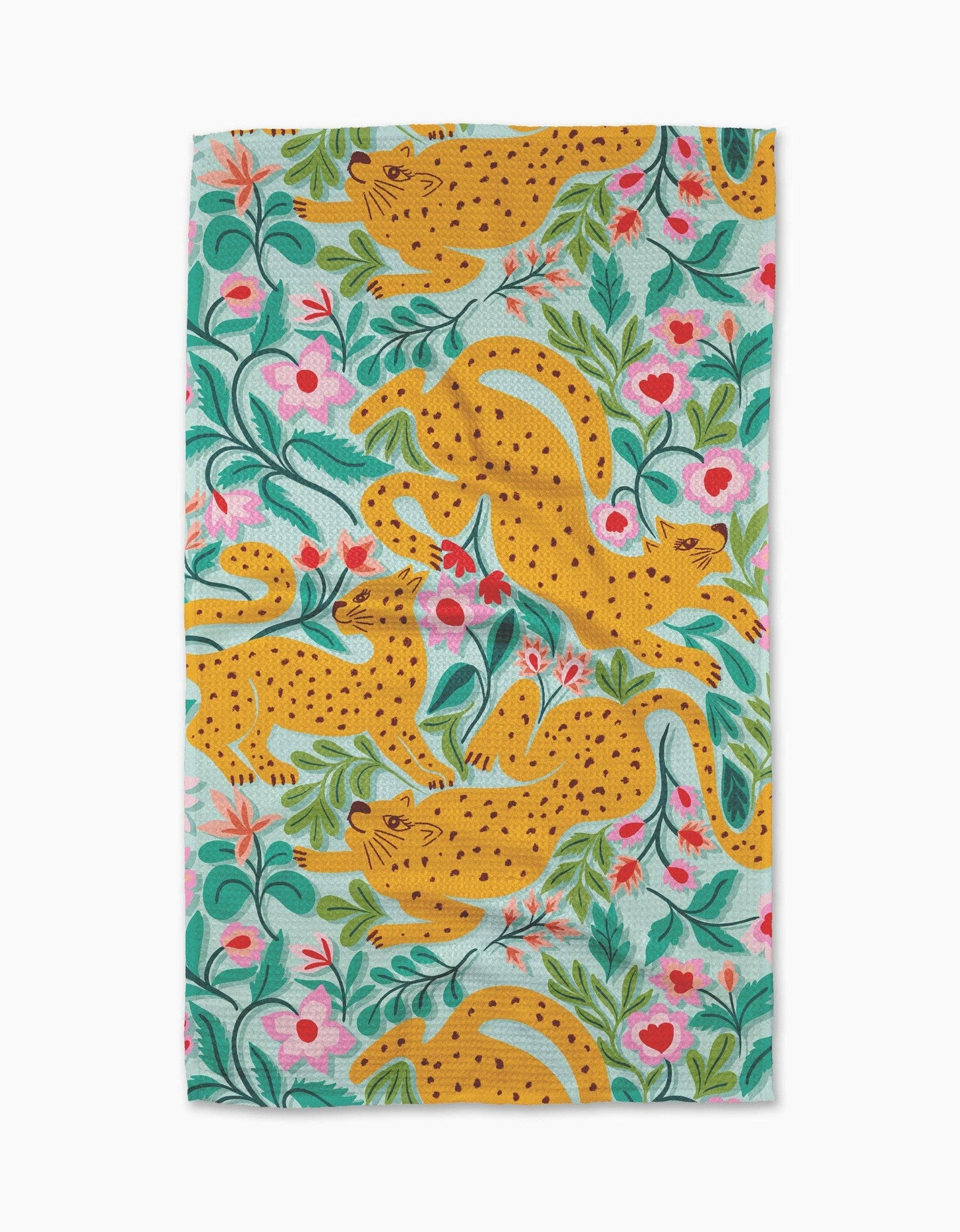 Colorful tea towel with yellow cheetah print and floral pattern, home and kitchen decor