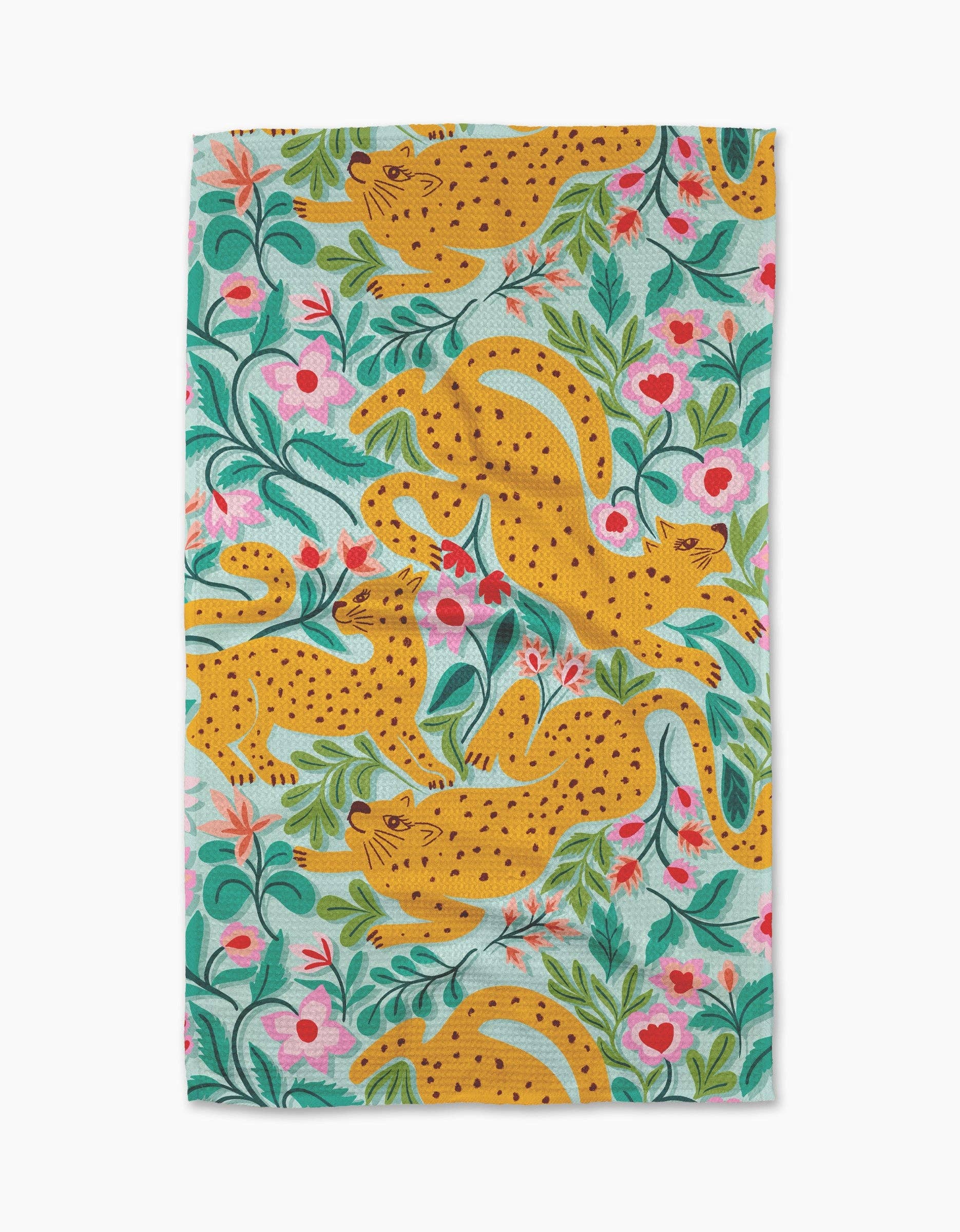 Colorful tea towel with yellow cheetah print and floral pattern, home and kitchen decor