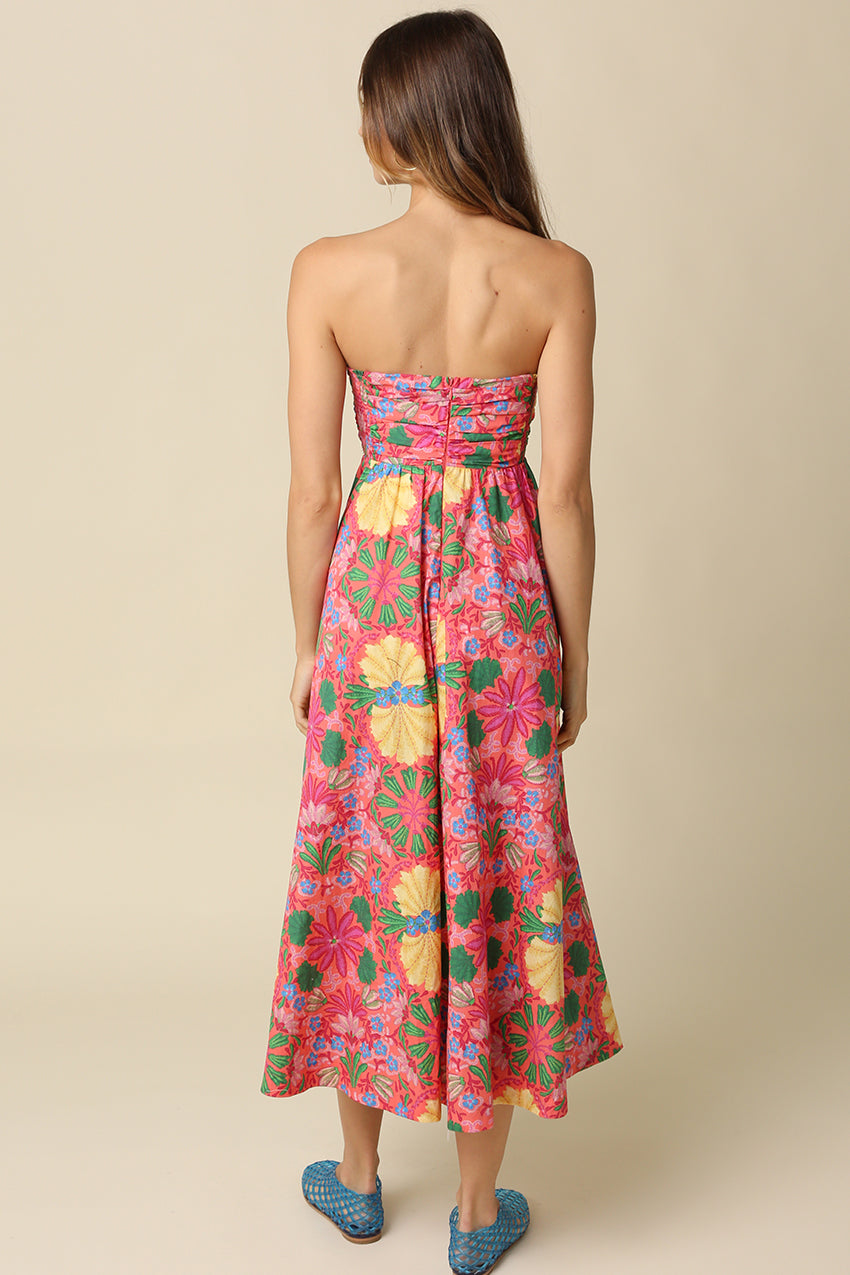 Sunset Soirée Strapless Floral Midi Dress