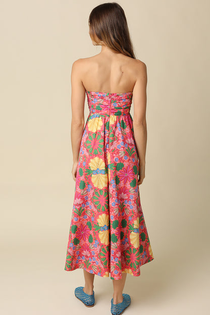 Sunset Soirée Strapless Floral Midi Dress