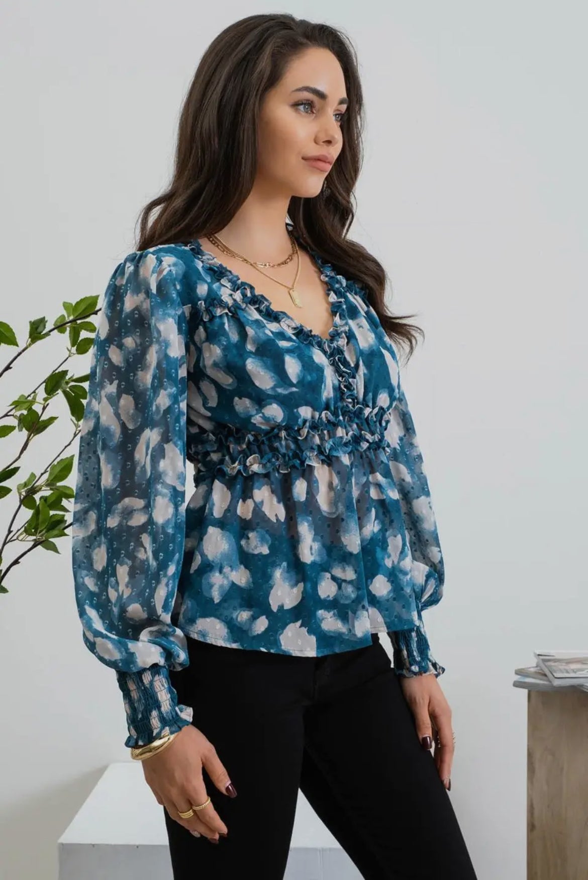 Textured Teal Empire Waist Blouse