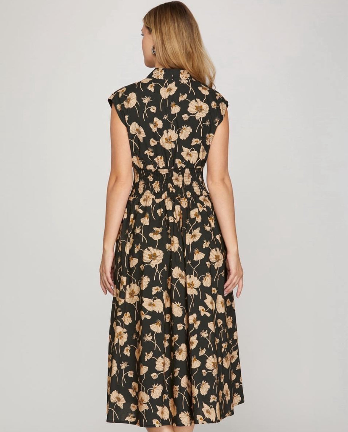 Olive Floral Zip Front Midi Dress
