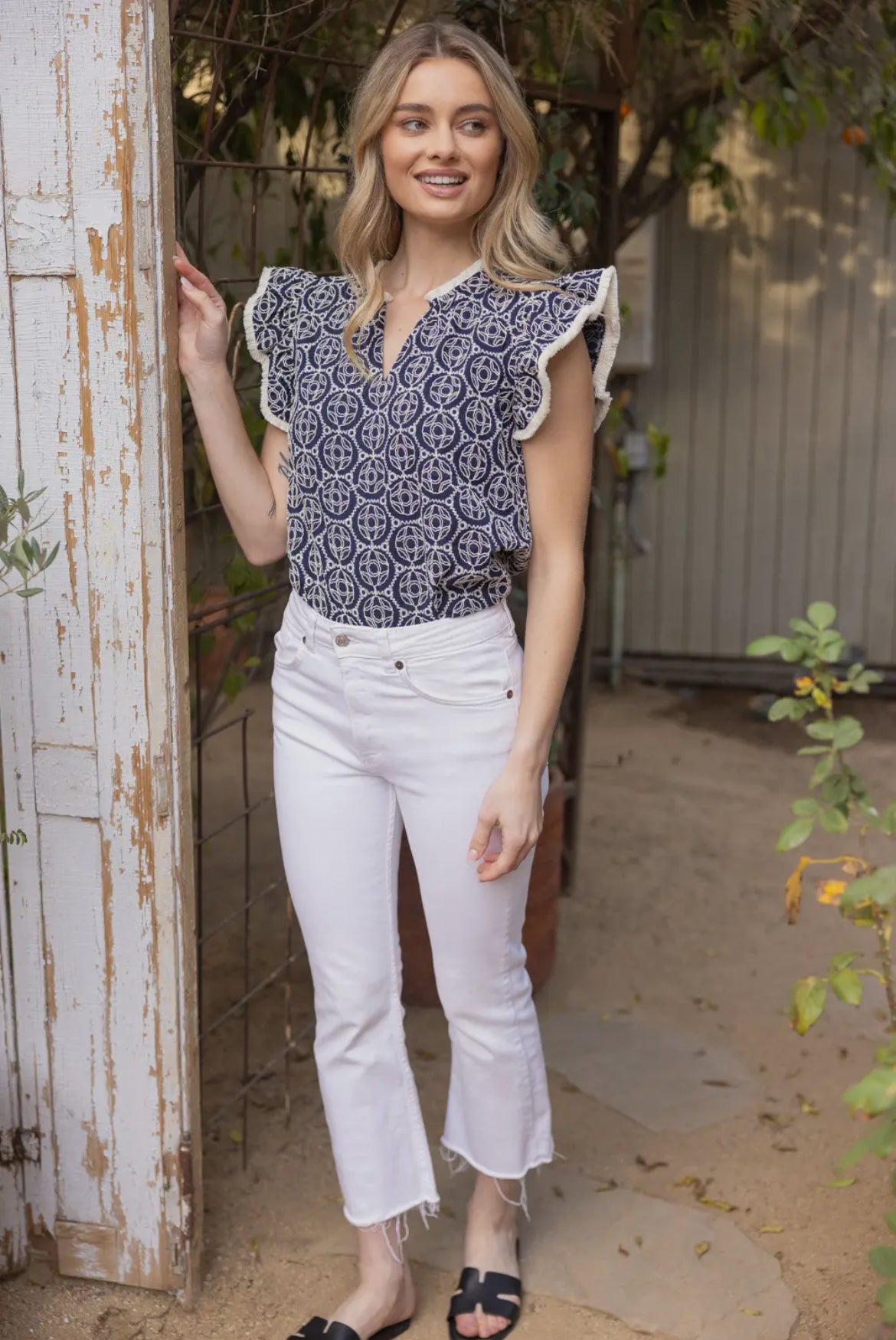 Navy and white embroidered tank with fringe sleeve