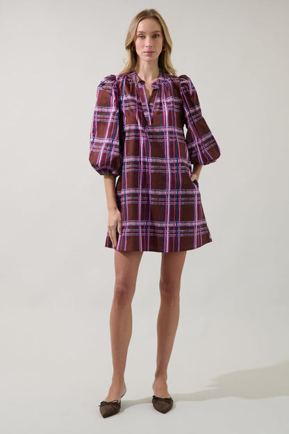Victoria Shift Split Neck Mini Dress Plaid