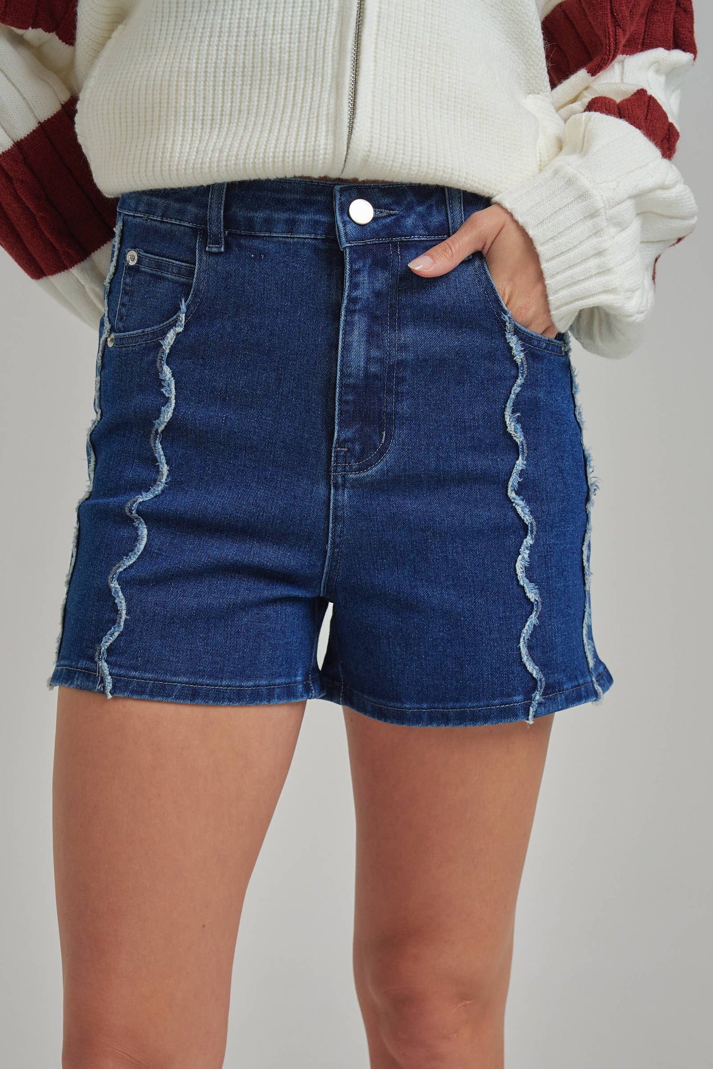 High Ride Dark Wash Denim Shorts with Scallop Front