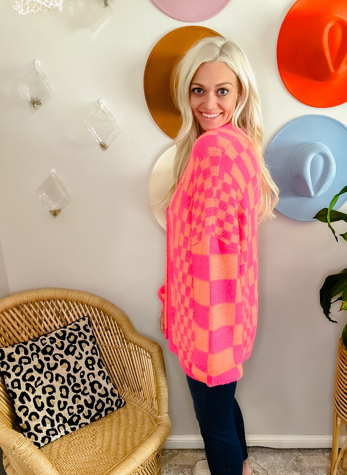 Neon Pink and Orange Checked Cardigan