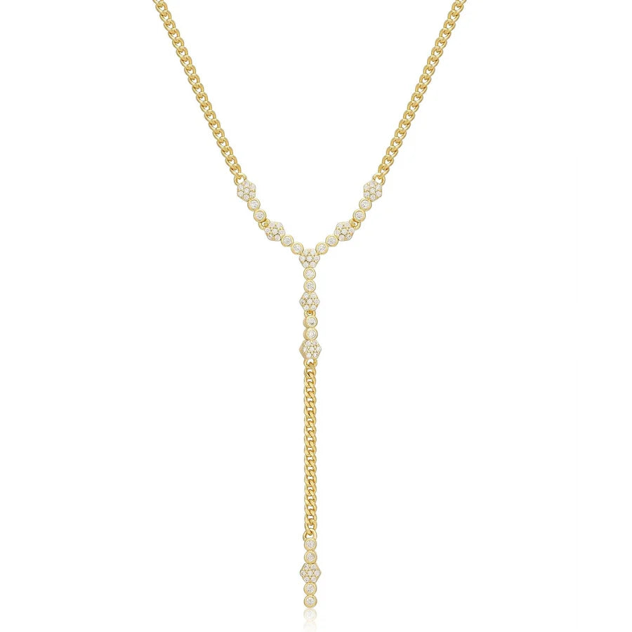 Gold Y-shaped lariat necklace with crystal accents, women's jewelry on white background