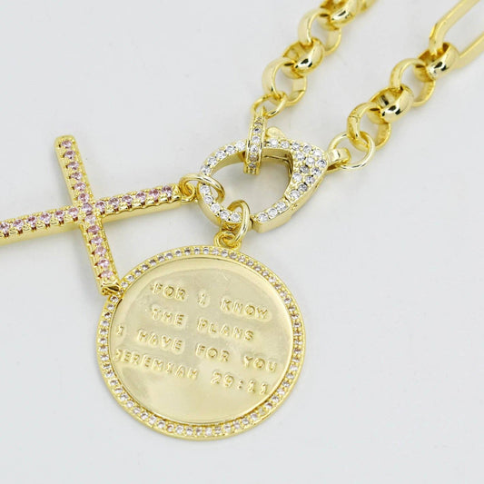 Gold chain necklace with crystal-studded cross and engraved Jeremiah 29:11 medallion