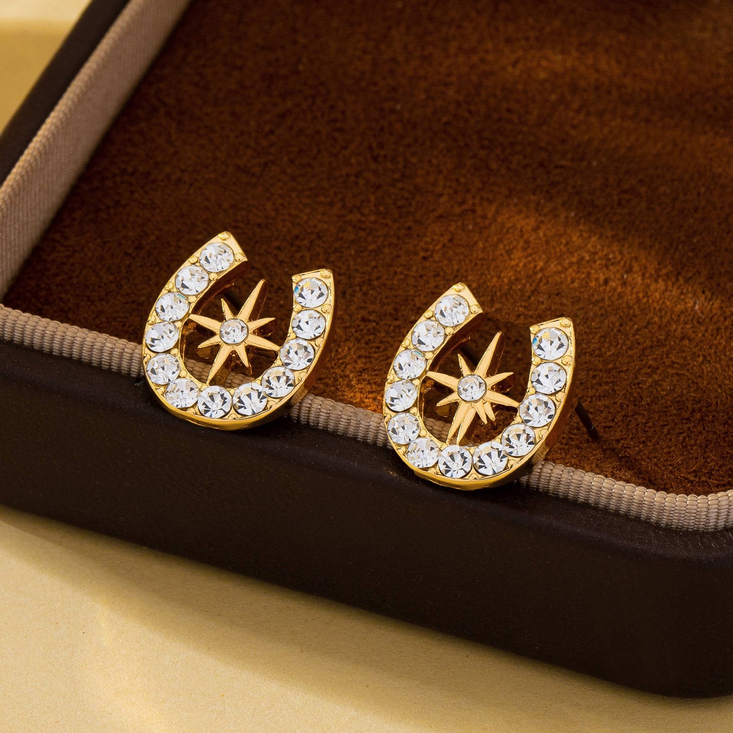 Pave Crystal Horseshoe Star Stud Earrings