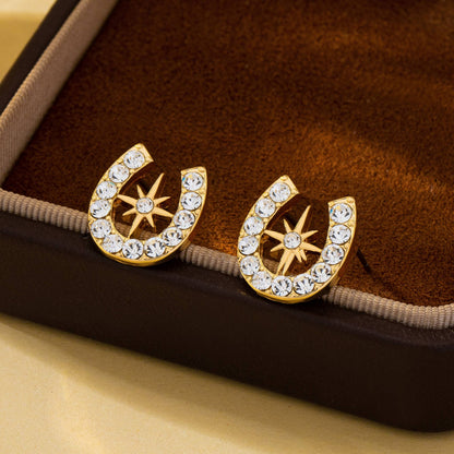 Pave Crystal Horseshoe Star Stud Earrings