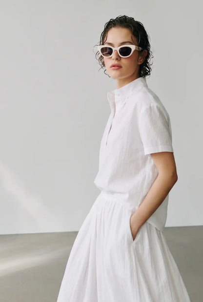 Crisp White Standing Collar Blouse