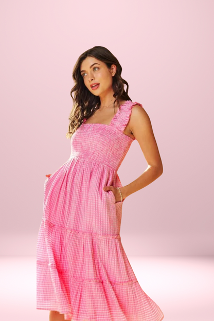 Pink Jacquard Checker Smocking Tiered Midi Dress