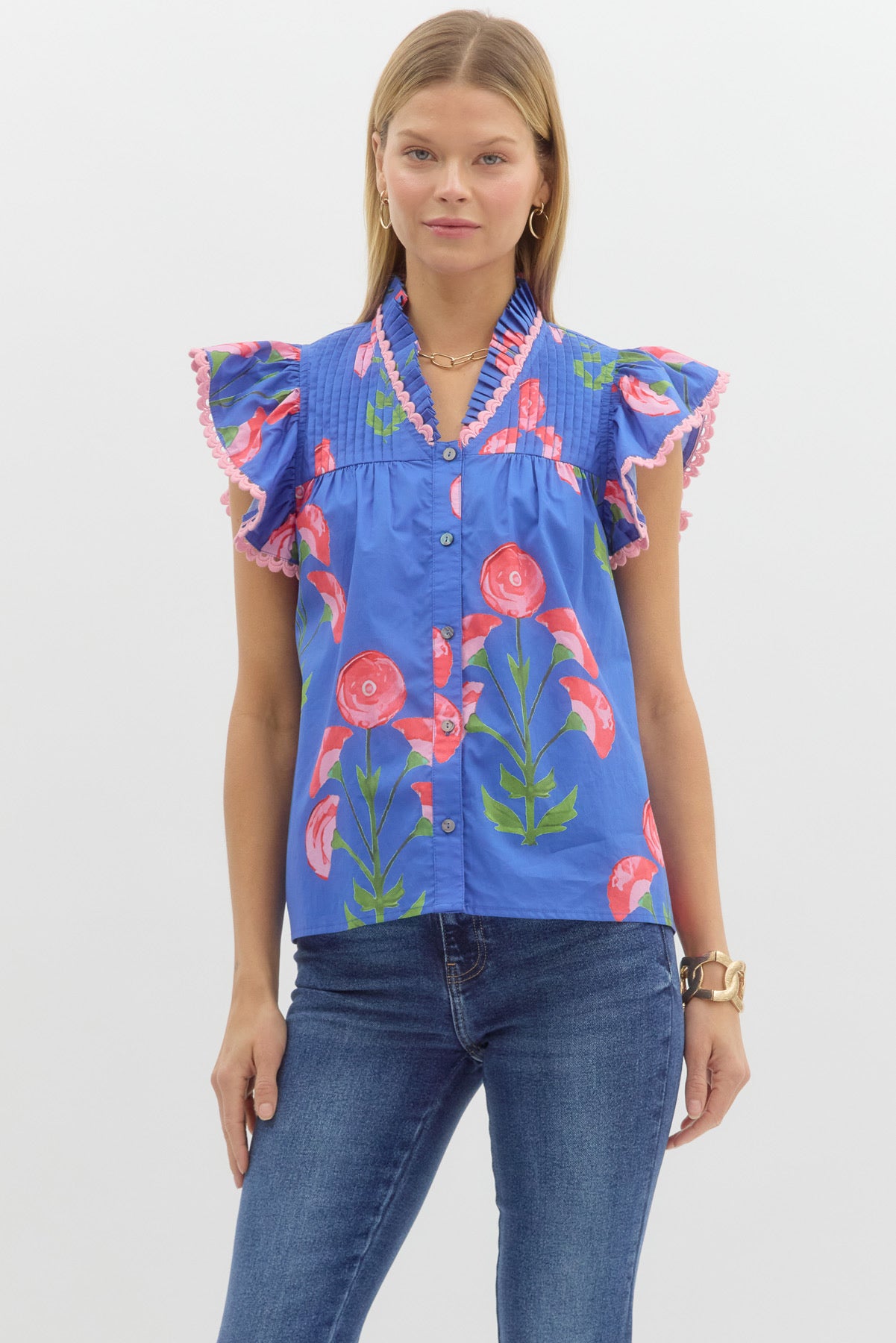 Melody Blue Floral Ruffle-Sleeve Blouse