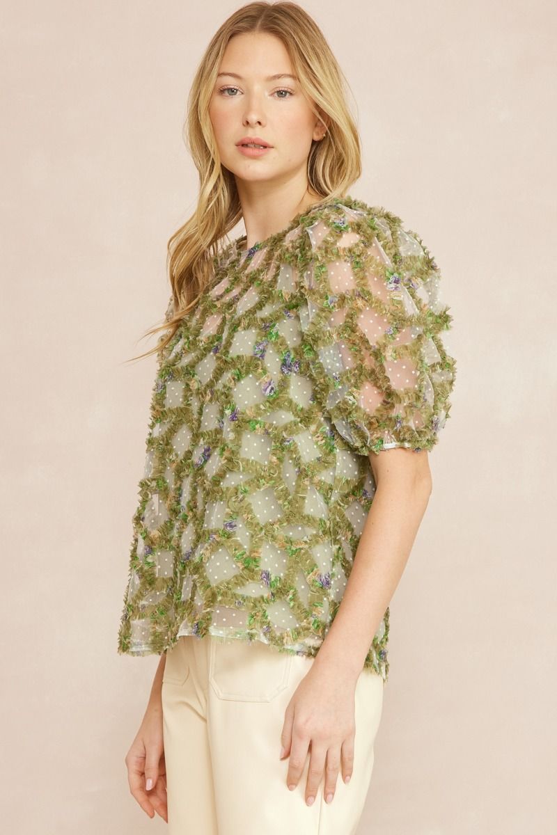 Olive Green Textured Floral Blouse