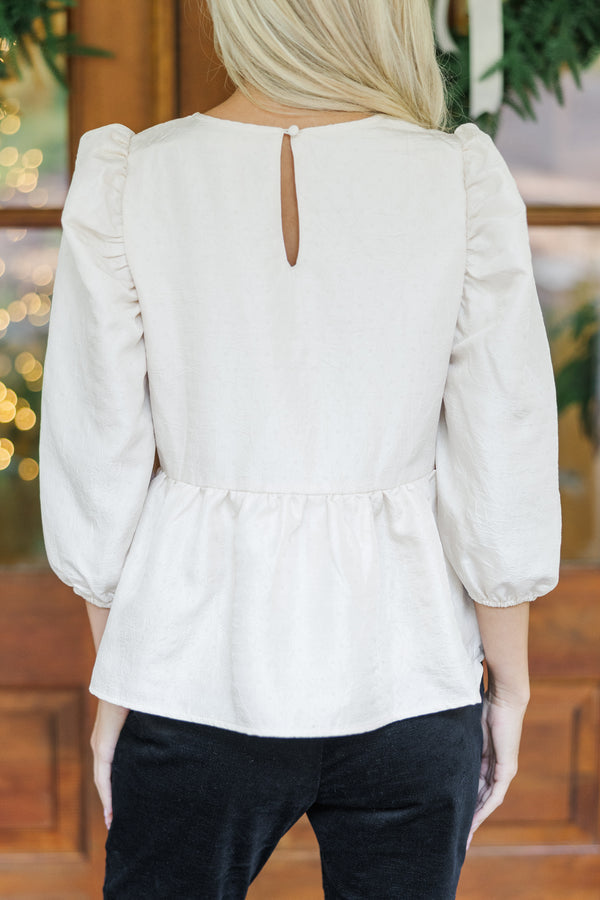 Hadley White Texture Puff Sleeve Peplum Blouse