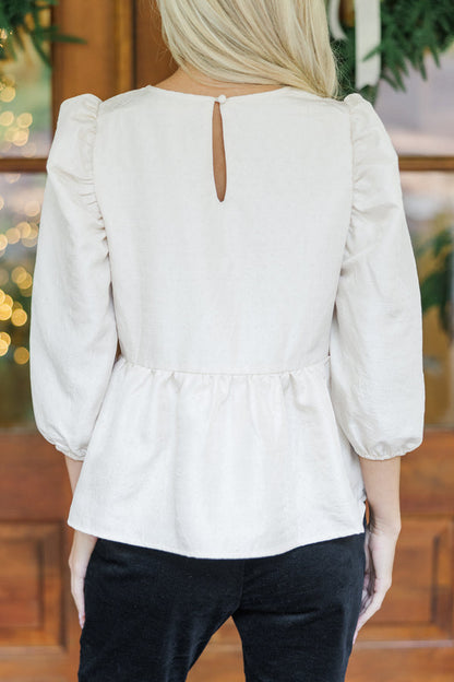 Hadley White Texture Puff Sleeve Peplum Blouse