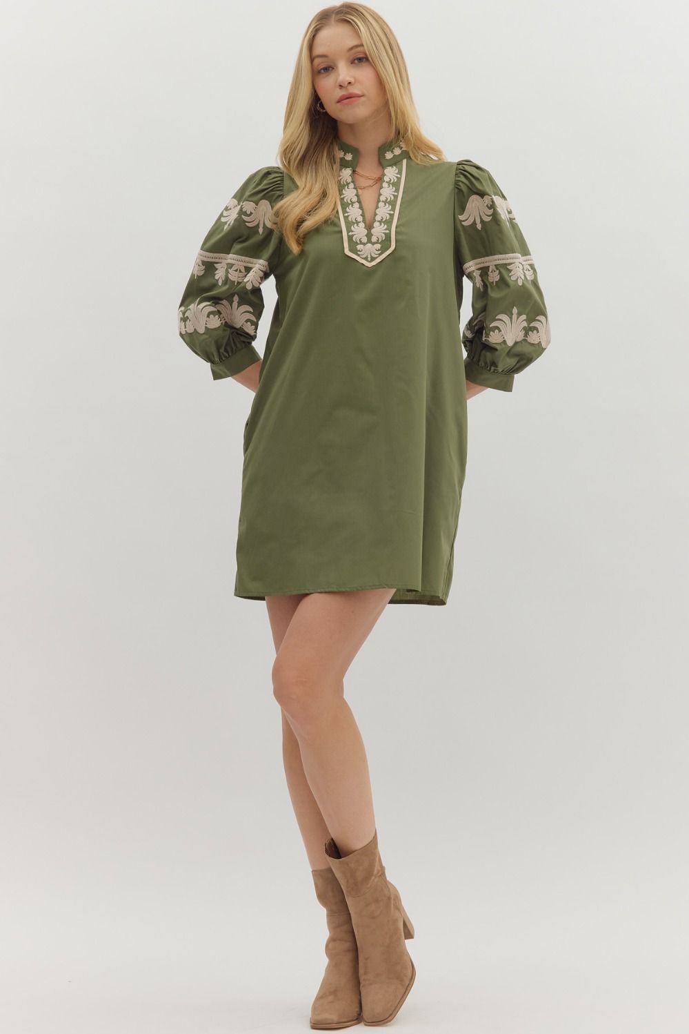 The Laurel Embroidered Olive Dress