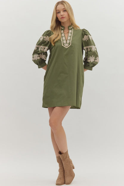 The Laurel Embroidered Olive Dress