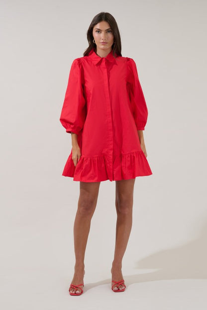 Ruby Red Button Down Long Sleeve Shift Dress