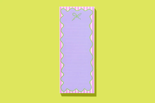 Cute pastel notepad with purple paper, pink stripes, green wavy border, and bow detail