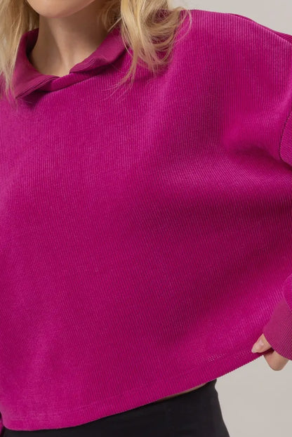 Collared Rib Knit Crop Sweater: Raspberry
