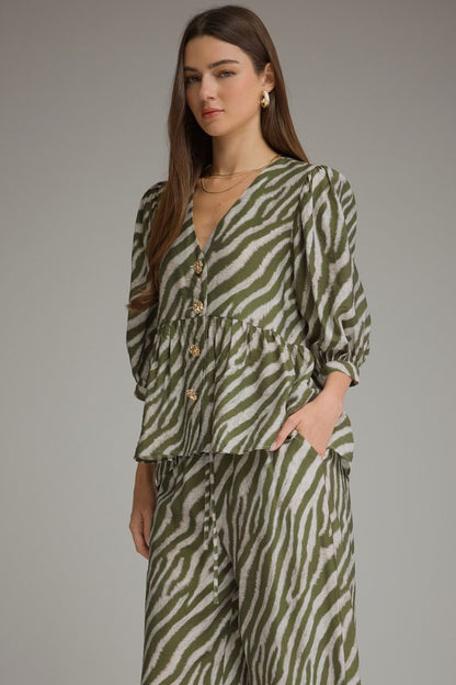 The Sloane Zebra Peplum Top – Olive