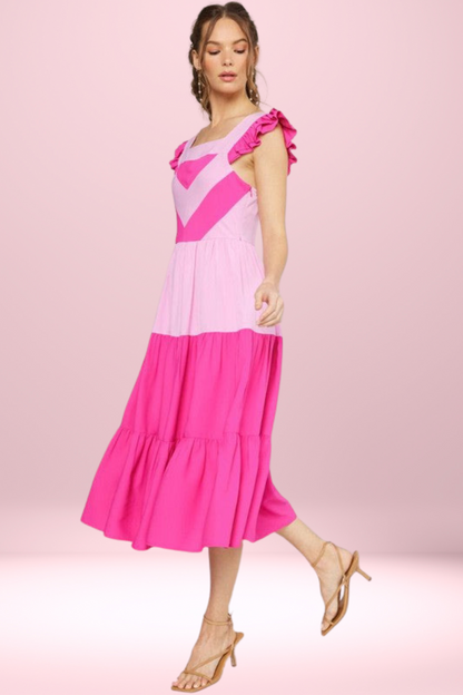 Pink Colorblock Midi Dress