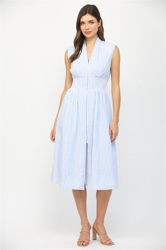 Blue Seersucker Zip Front Midi Dress