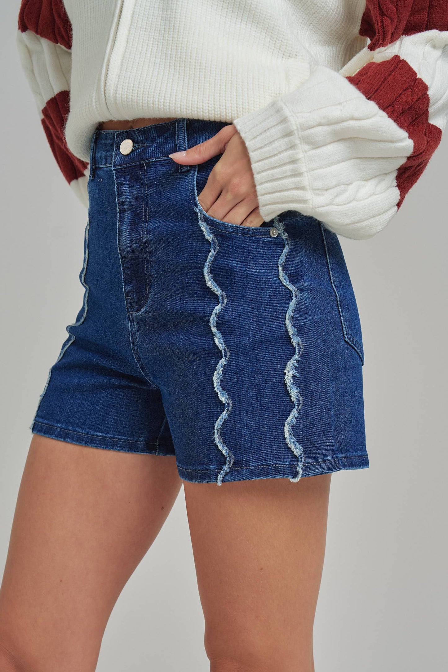 High Ride Dark Wash Denim Shorts with Scallop Front